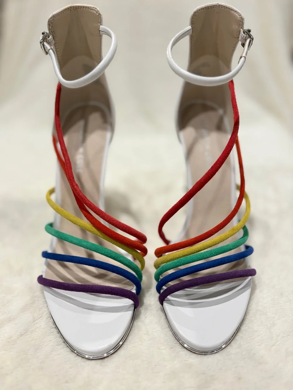 Kenneth Cole NY Barletta White Stiletto‎ Sandals with Rainbow Straps - 8.5